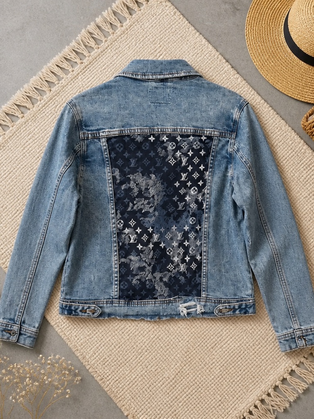 Upcycled Designer-Inspired Light Blue Denim Jacket with Navy Logo Panel